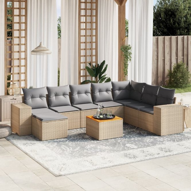 9-tlg. Garten-Sofagarnitur mit Kissen Schwarz Poly Rattan