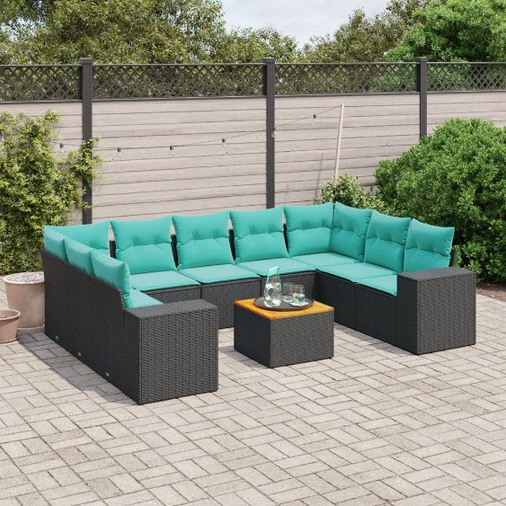 vidaXL 10-teiliges Gartensofa-Set mit Kissen, schwarzes Polyrattan