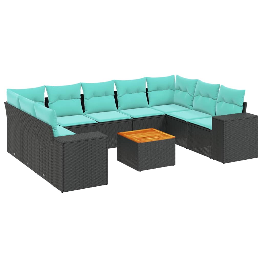 vidaXL 10-teiliges Gartensofa-Set mit Kissen, schwarzes Polyrattan