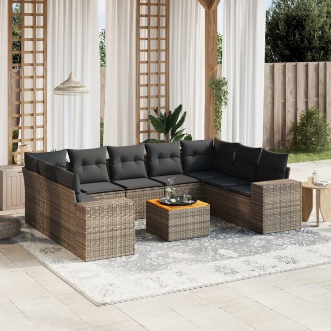 vidaXL 10-tlg. Garten-Sofagarnitur mit Kissen Schwarz Poly Rattan