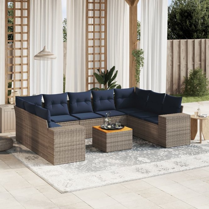 vidaXL 10-teiliges Gartensofa-Set mit Kissen, schwarzes Polyrattan