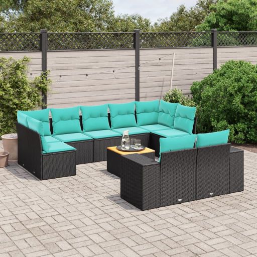 vidaXL 10-teiliges Gartensofa-Set mit Kissen, schwarzes Polyrattan