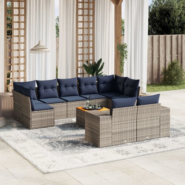 vidaXL 10-teiliges Gartensofa-Set mit Kissen, schwarzes Polyrattan