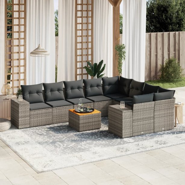 vidaXL 10-tlg. Garten-Sofagarnitur mit Kissen Schwarz Poly Rattan