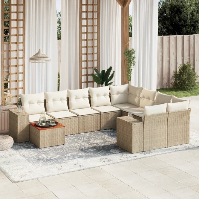 vidaXL 10-tlg. Garten-Sofagarnitur mit Kissen Schwarz Poly Rattan