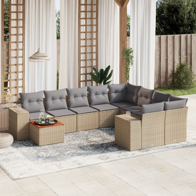 vidaXL 10-tlg. Garten-Sofagarnitur mit Kissen Schwarz Poly Rattan