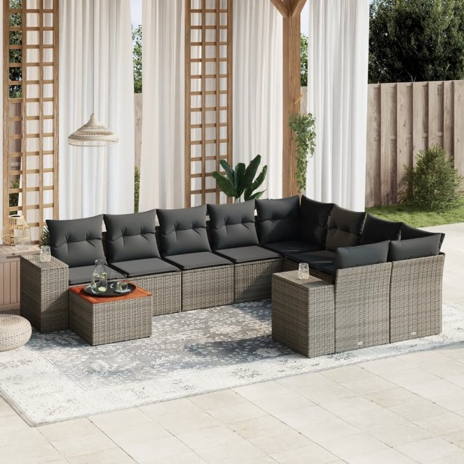 vidaXL 10-tlg. Garten-Sofagarnitur mit Kissen Schwarz Poly Rattan