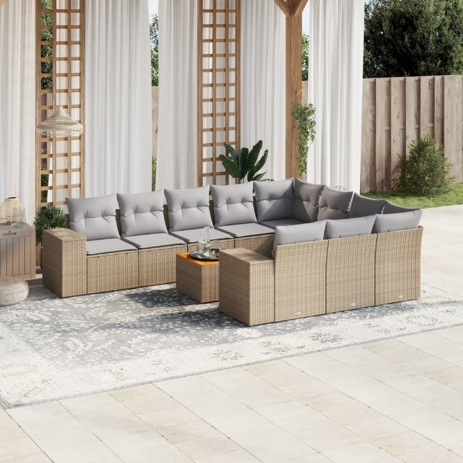 11-tlg. Garten-Sofagarnitur mit Kissen Schwarz Poly Rattan