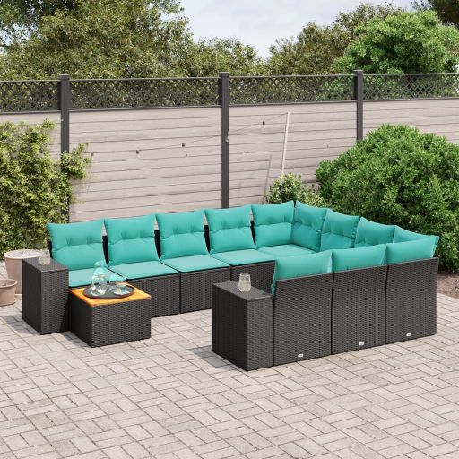 vidaXL 11-teiliges Gartensofa-Set mit Kissen, schwarzes Polyrattan
