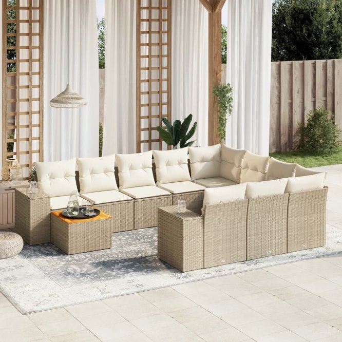 11-tlg. Garten-Sofagarnitur mit Kissen Schwarz Poly Rattan