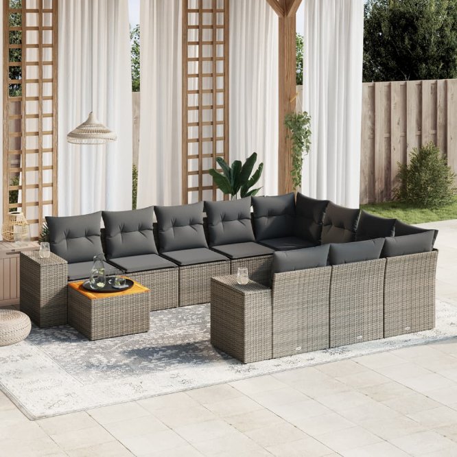 11-tlg. Garten-Sofagarnitur mit Kissen Schwarz Poly Rattan