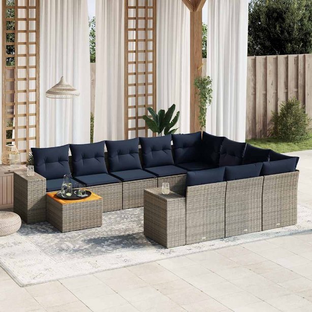 vidaXL 11-teiliges Gartensofa-Set mit Kissen, schwarzes Polyrattan