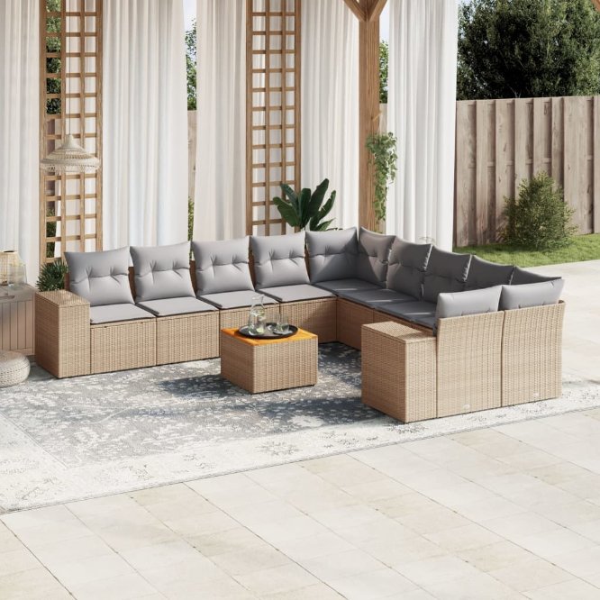 11-tlg. Garten-Sofagarnitur mit Kissen Schwarz Poly Rattan