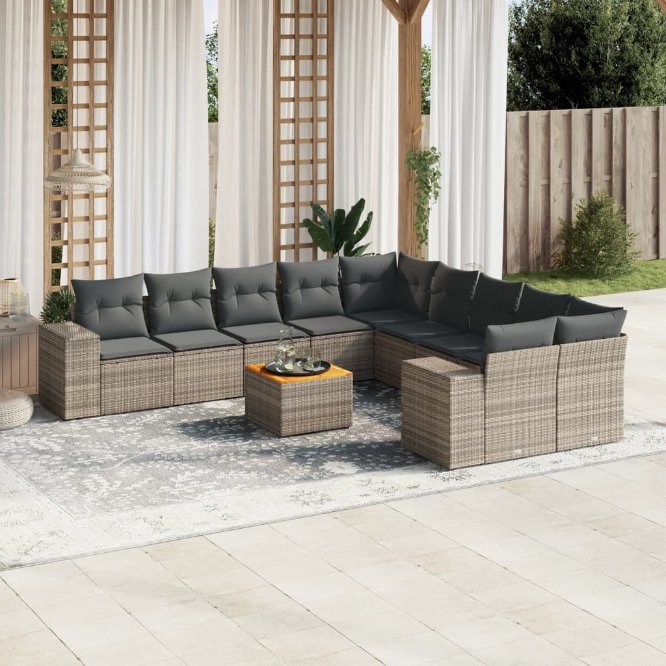 11-tlg. Garten-Sofagarnitur mit Kissen Schwarz Poly Rattan