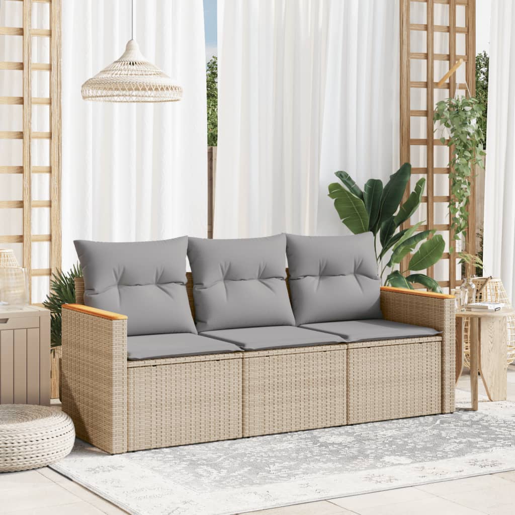 3-tlg. Garten-Sofagarnitur mit Kissen Schwarz Poly Rattan