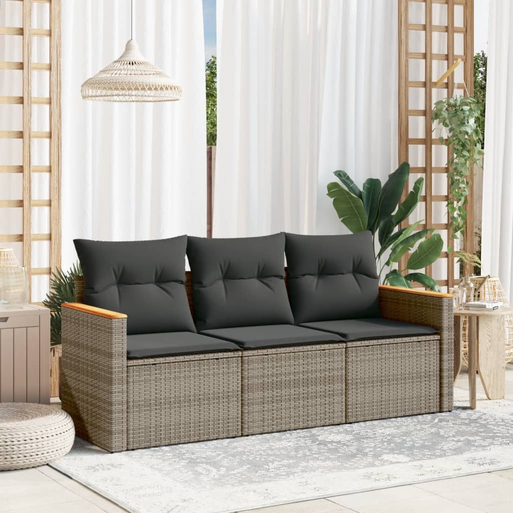 3-tlg. Garten-Sofagarnitur mit Kissen Schwarz Poly Rattan