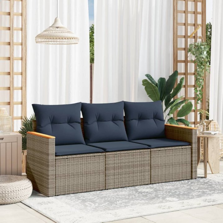 3-teiliges Gartensofa-Set mit Kissen, schwarzes Polyrattan