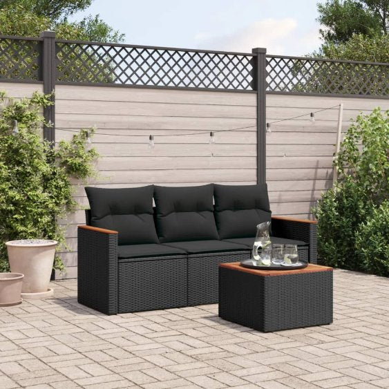 3-tlg. Garten-Sofagarnitur mit Kissen Schwarz Poly Rattan