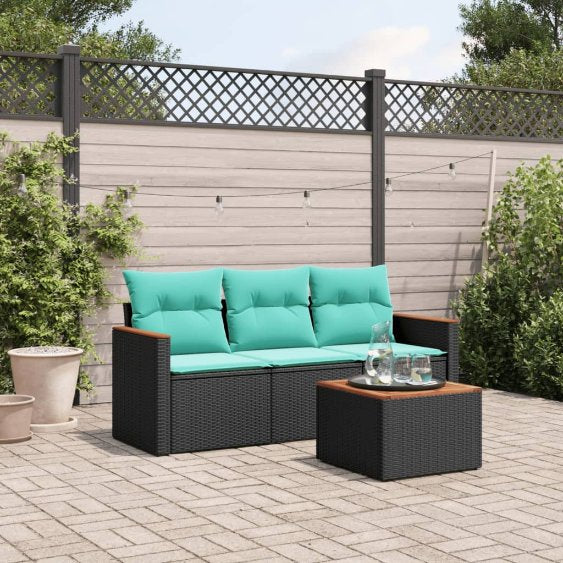 3-teiliges Gartensofa-Set mit Kissen, schwarzes Polyrattan