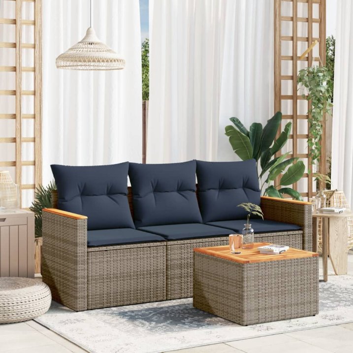 3-teiliges Gartensofa-Set mit Kissen, schwarzes Polyrattan