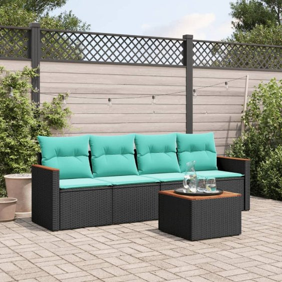 4-teiliges Gartensofa-Set mit Kissen, schwarzes Polyrattan