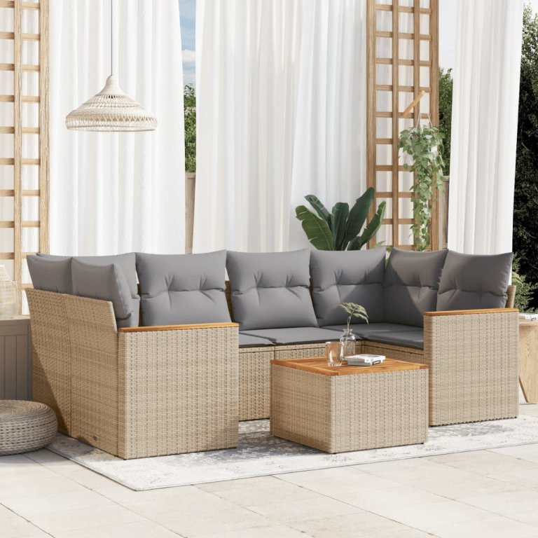 7-tlg. Garten-Sofagarnitur mit Kissen Schwarz Poly Rattan
