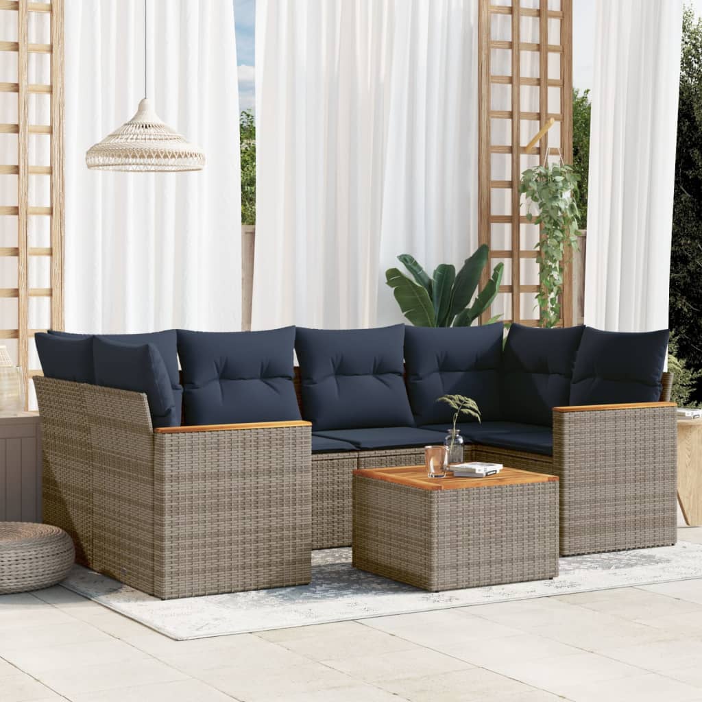 7-teiliges Gartensofa-Set mit Kissen, schwarzes Polyrattan