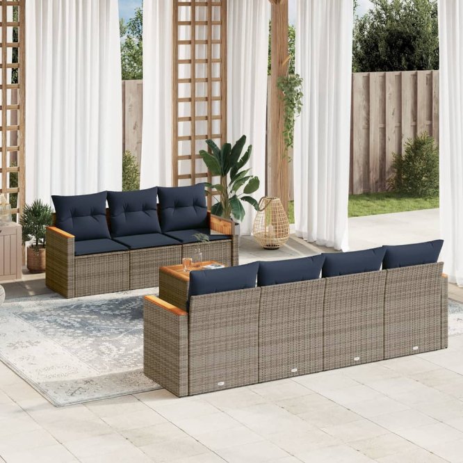 8-teiliges Gartensofa-Set mit Kissen, schwarzes Polyrattan
