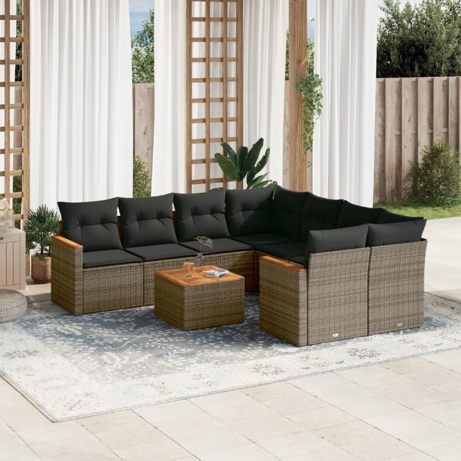 9-tlg. Garten-Sofagarnitur mit Kissen Schwarz Poly Rattan