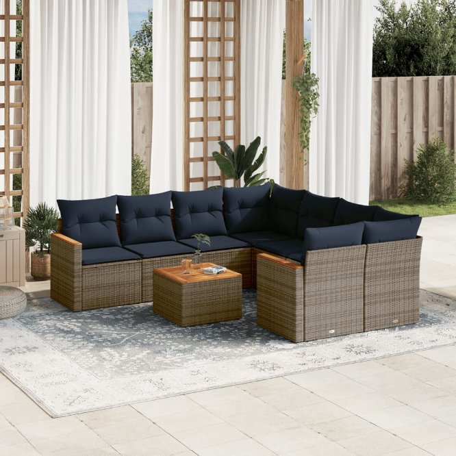 9-teiliges Gartensofa-Set mit Kissen, schwarzes Polyrattan