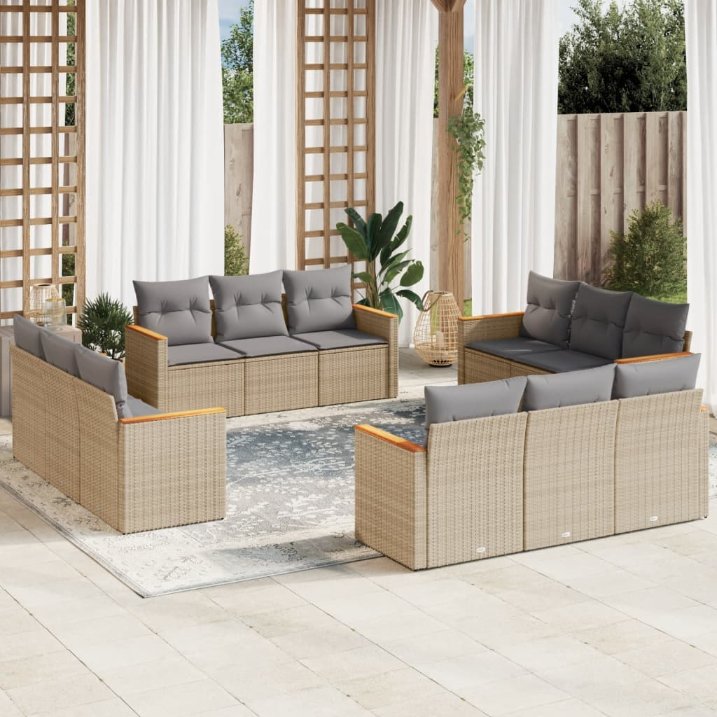 12-tlg. Garten-Sofagarnitur mit Kissen Schwarz Poly Rattan
