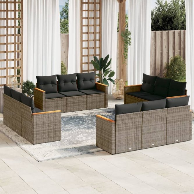 12-tlg. Garten-Sofagarnitur mit Kissen Schwarz Poly Rattan
