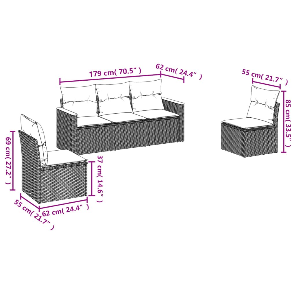 5-tlg. Garten-Sofagarnitur mit Kissen Schwarz Poly Rattan