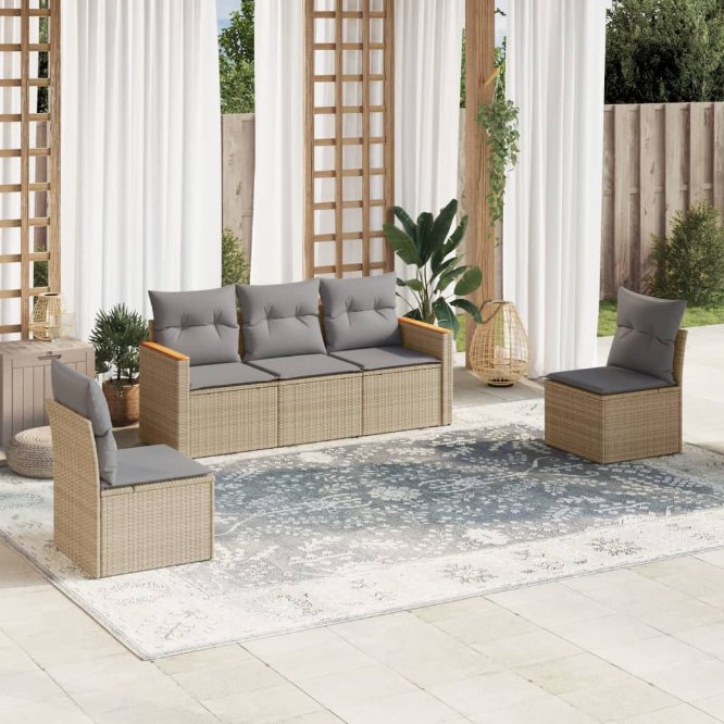 5-tlg. Garten-Sofagarnitur mit Kissen Schwarz Poly Rattan