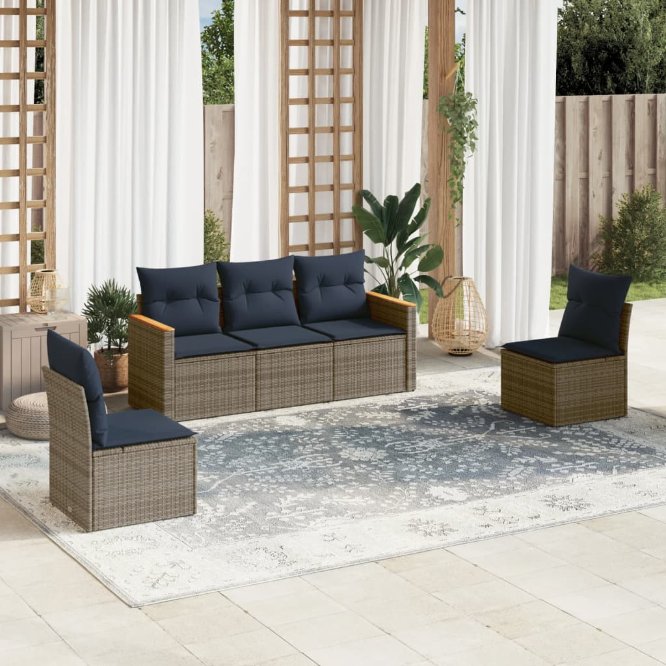 5-teiliges Gartensofa-Set mit Kissen, schwarzes Polyrattan