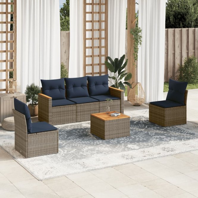 5-teiliges Gartensofa-Set mit Kissen, schwarzes Polyrattan