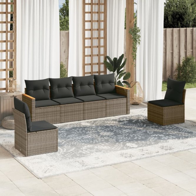 6-tlg. Garten-Sofagarnitur mit Kissen Schwarz Poly Rattan