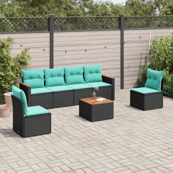 6-teiliges Gartensofa-Set mit Kissen, schwarzes Polyrattan