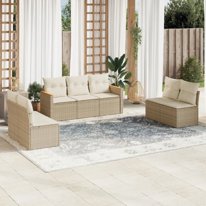 7-tlg. Garten-Sofagarnitur mit Kissen Schwarz Poly Rattan