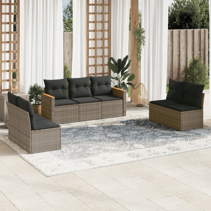 7-tlg. Garten-Sofagarnitur mit Kissen Schwarz Poly Rattan