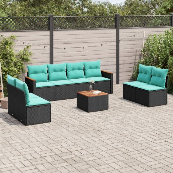 8-teiliges Gartensofa-Set mit Kissen, schwarzes Polyrattan