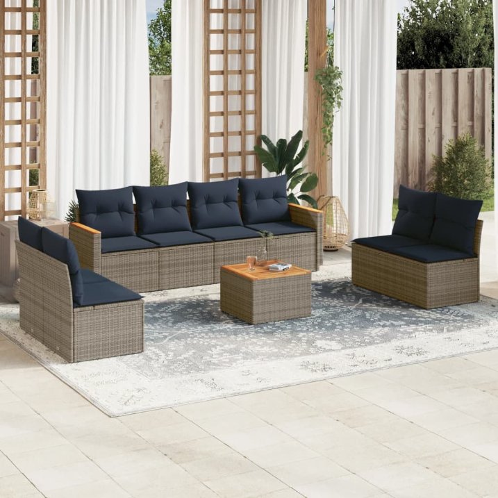 8-teiliges Gartensofa-Set mit Kissen, schwarzes Polyrattan