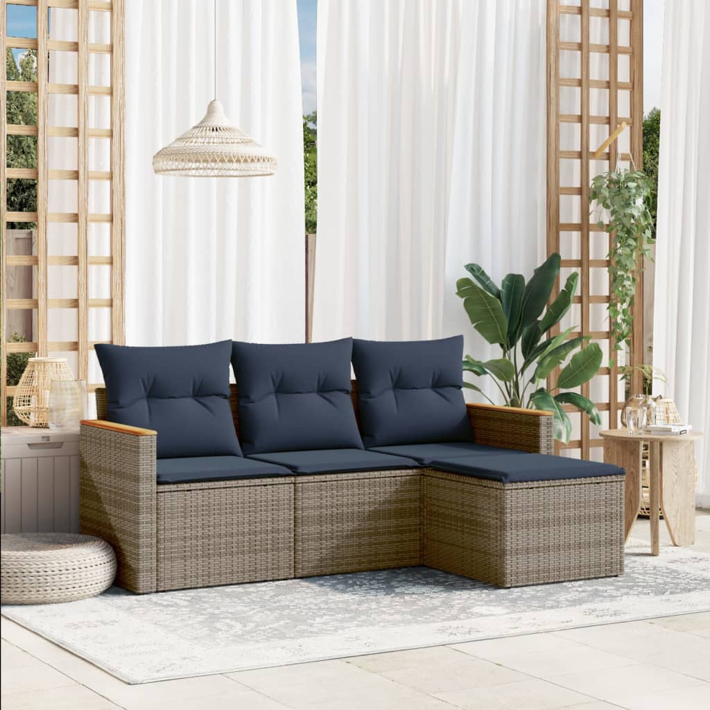 4-teiliges Gartensofa-Set mit Kissen, schwarzes Polyrattan