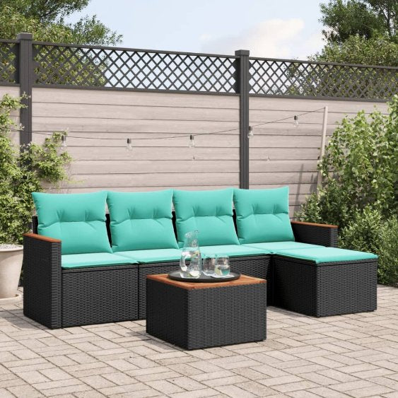 5-teiliges Gartensofa-Set mit Kissen, schwarzes Polyrattan