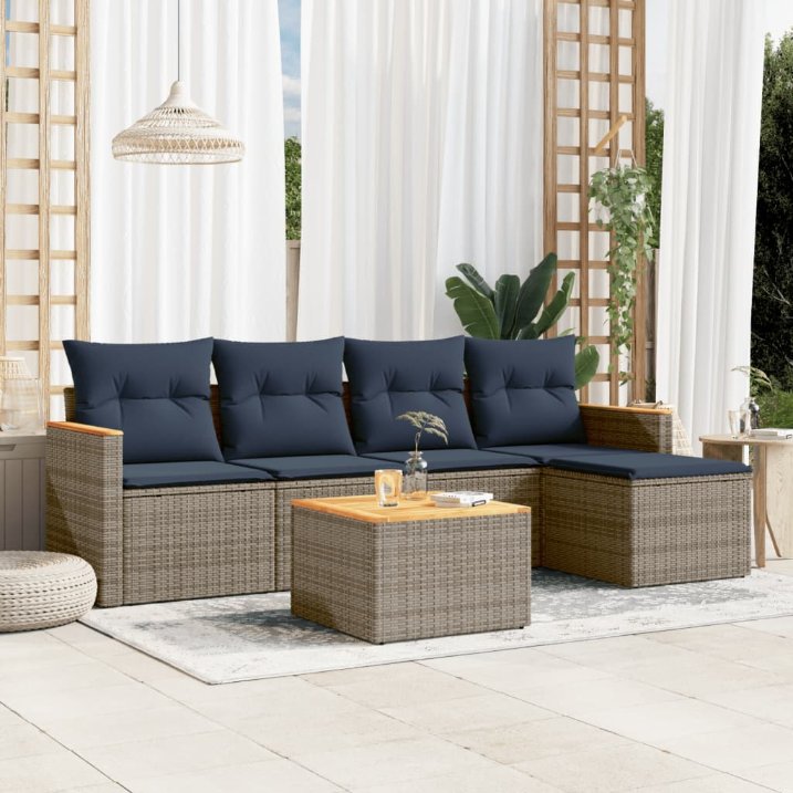 5-teiliges Gartensofa-Set mit Kissen, schwarzes Polyrattan