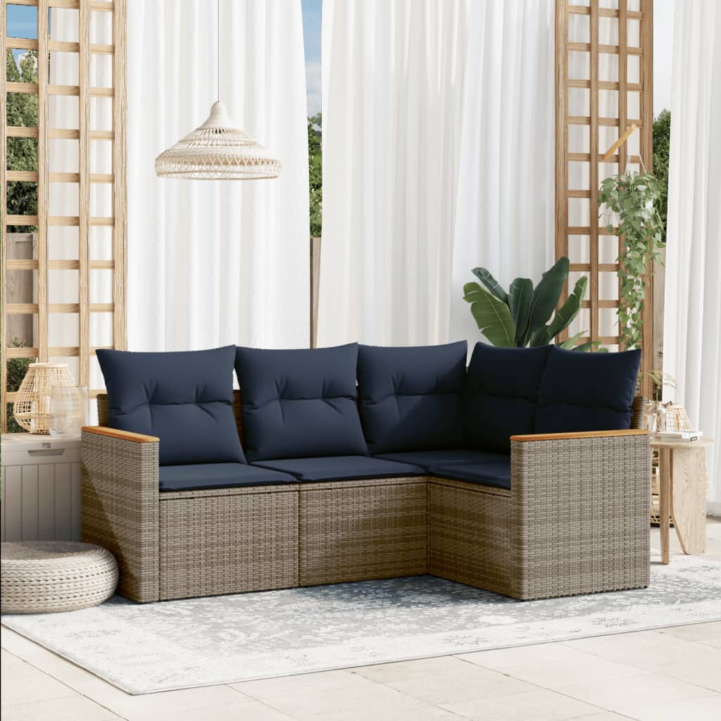 4-teiliges Gartensofa-Set mit Kissen, schwarzes Polyrattan