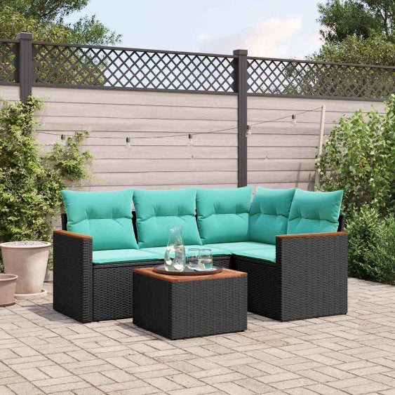 4-teiliges Gartensofa-Set mit Kissen, schwarzes Polyrattan