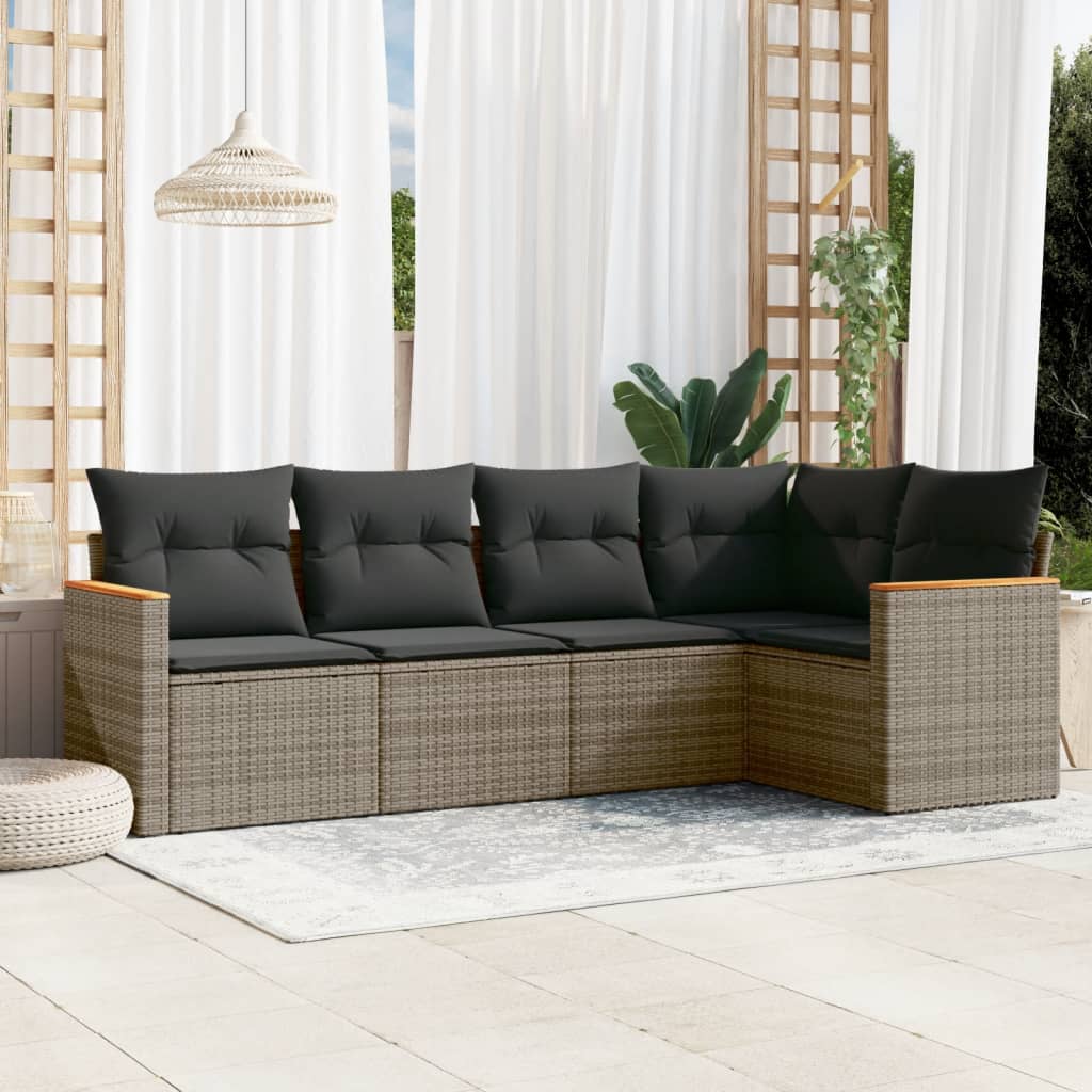 5-tlg. Garten-Sofagarnitur mit Kissen Schwarz Poly Rattan
