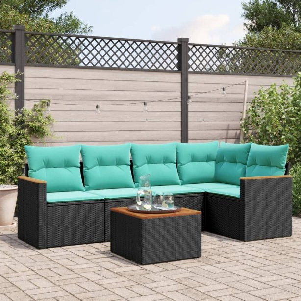 5-teiliges Gartensofa-Set mit Kissen, schwarzes Polyrattan