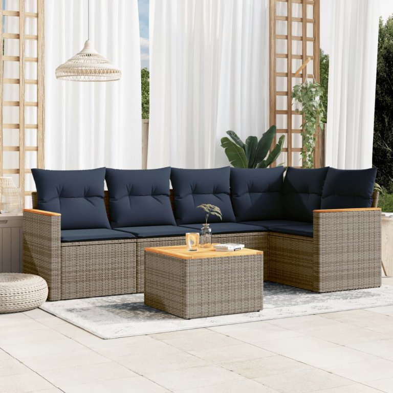 5-teiliges Gartensofa-Set mit Kissen, schwarzes Polyrattan